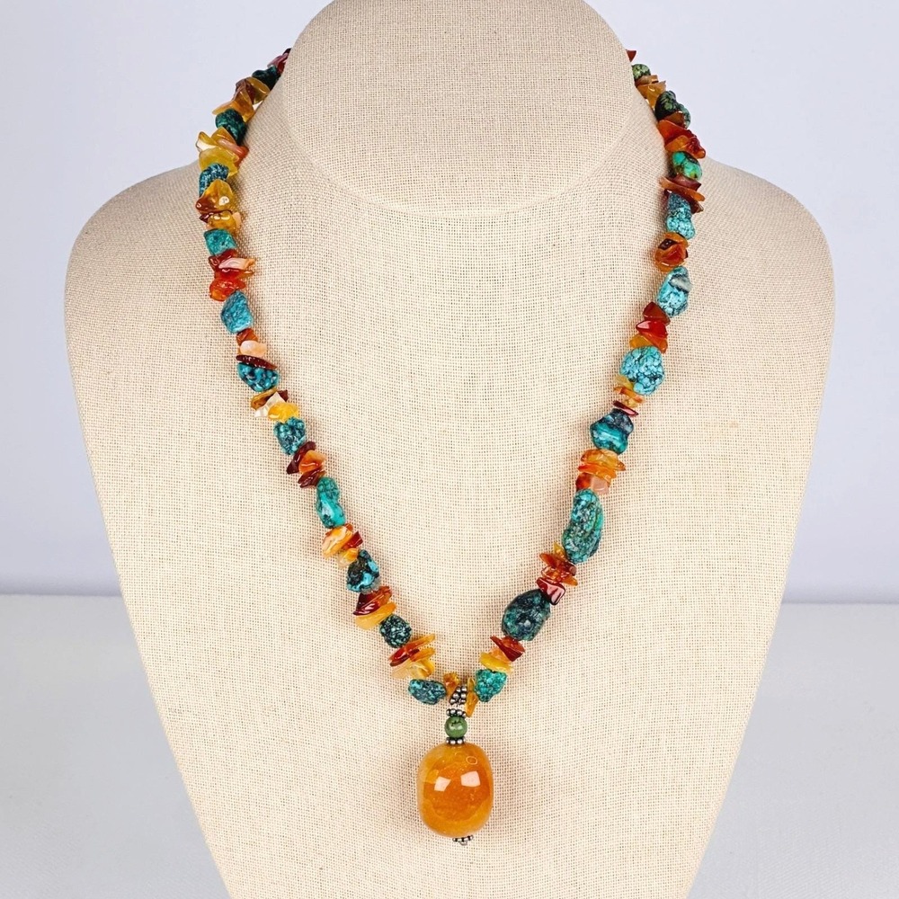 Vintage Artisan Yellow-Orange Aventurine Orb & Carnelian Magnesite Chip Necklace